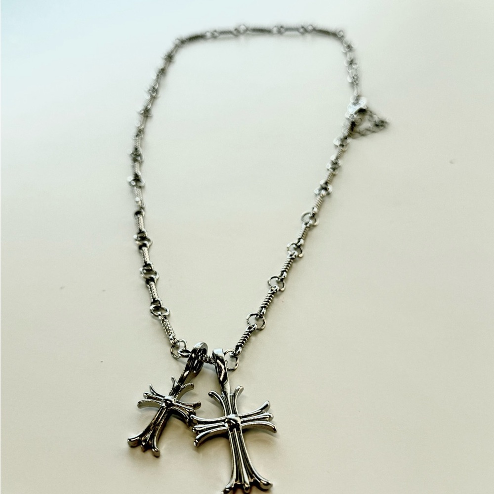 Double Silver Cross Pendant Necklace